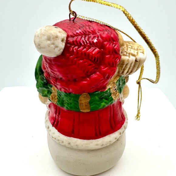 Vintage Bear Christmas Ornament With Red Hat & Sweater Green Scarf & Broom Featu - Picture 3 of 6
